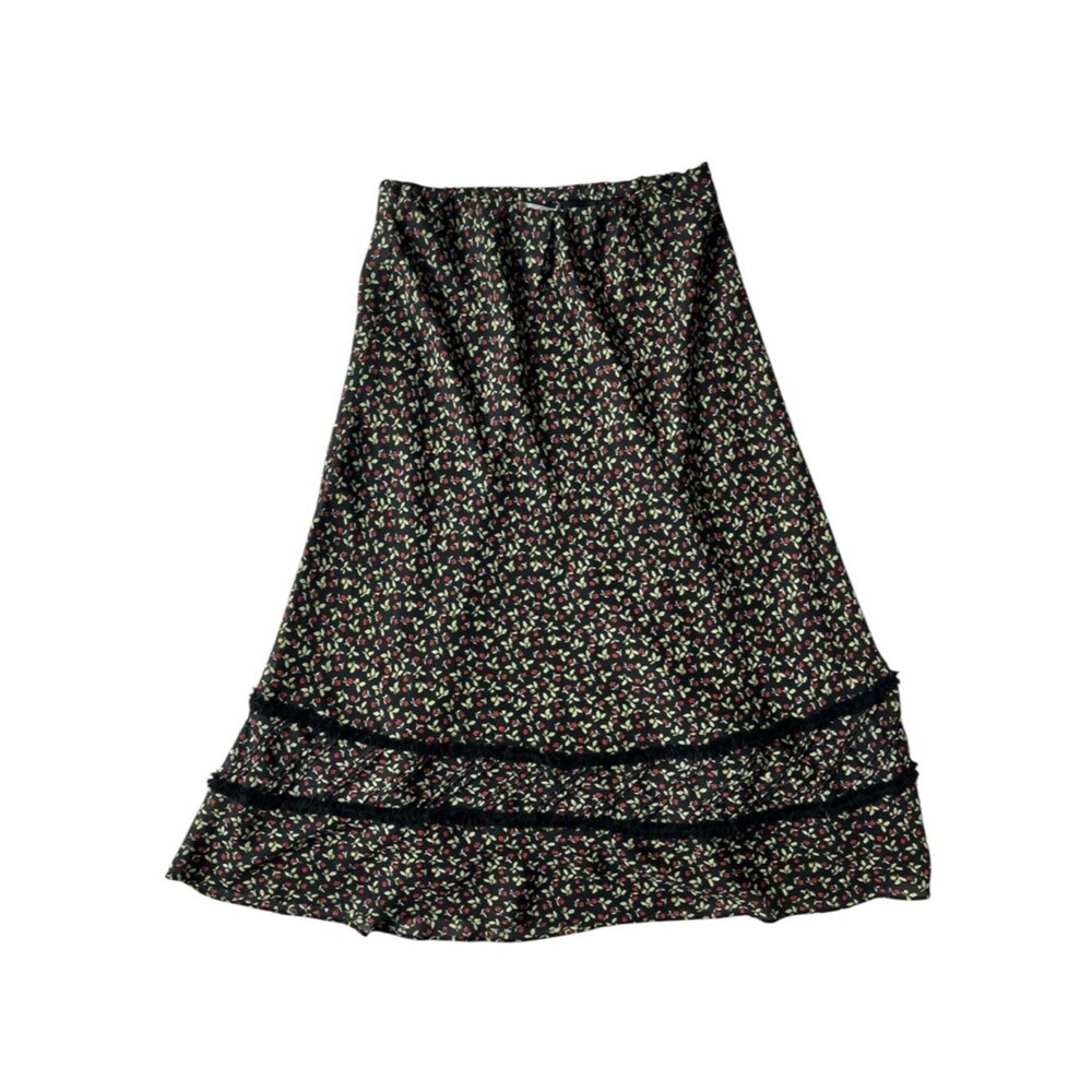 Vintage 90's Coldwater Creek Black Ruffle Floral Midi Skirt Witchy Womens Large